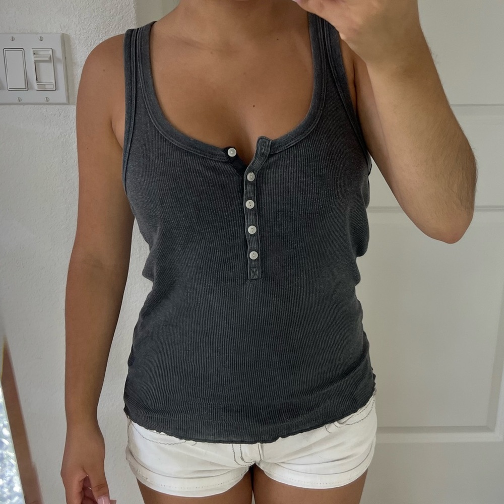 Aerie Gray Fitted Buttoned Tank Top